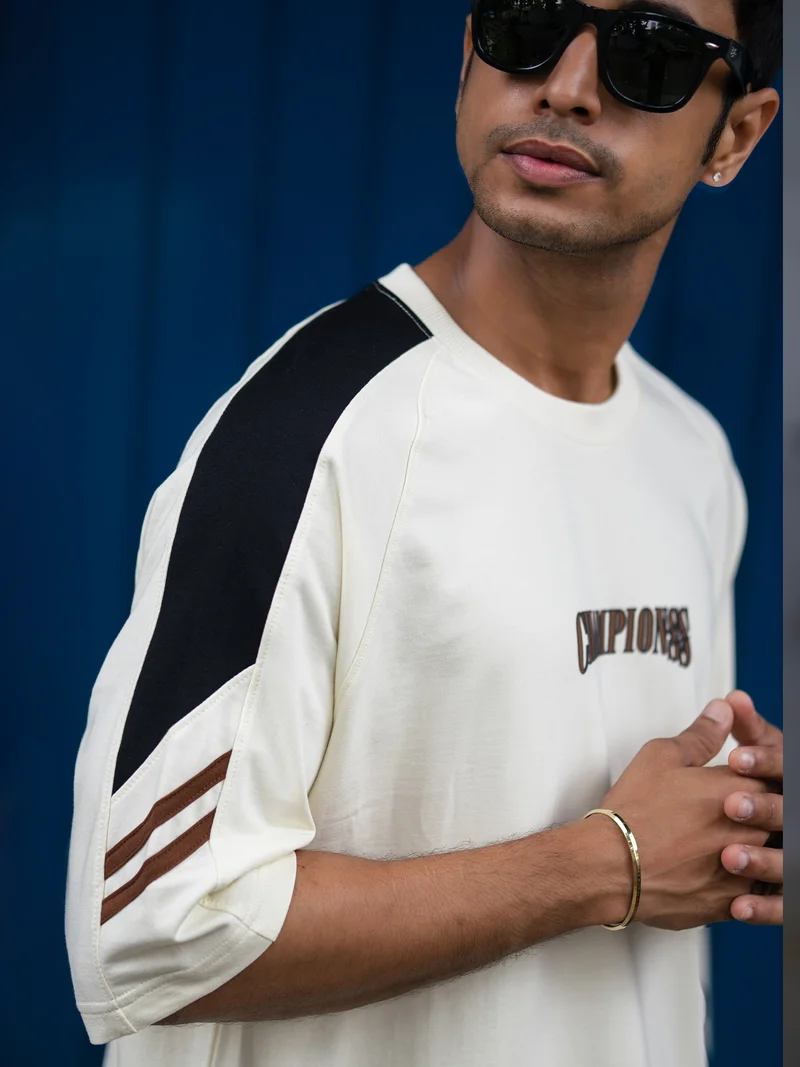 Maniac  Maniac Mens Colorblock Round Neck Half Sleece Cream and Black Cotton Co-Ords for Men | Best Price UAE